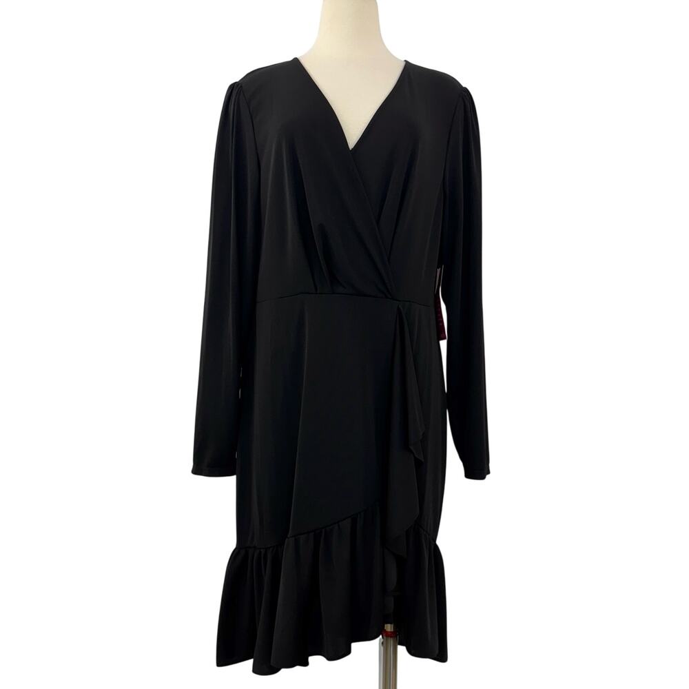 Ralph Lauren Surplice Wrap Front Ruffle Stretch Jersey Dress Black 16 NWT